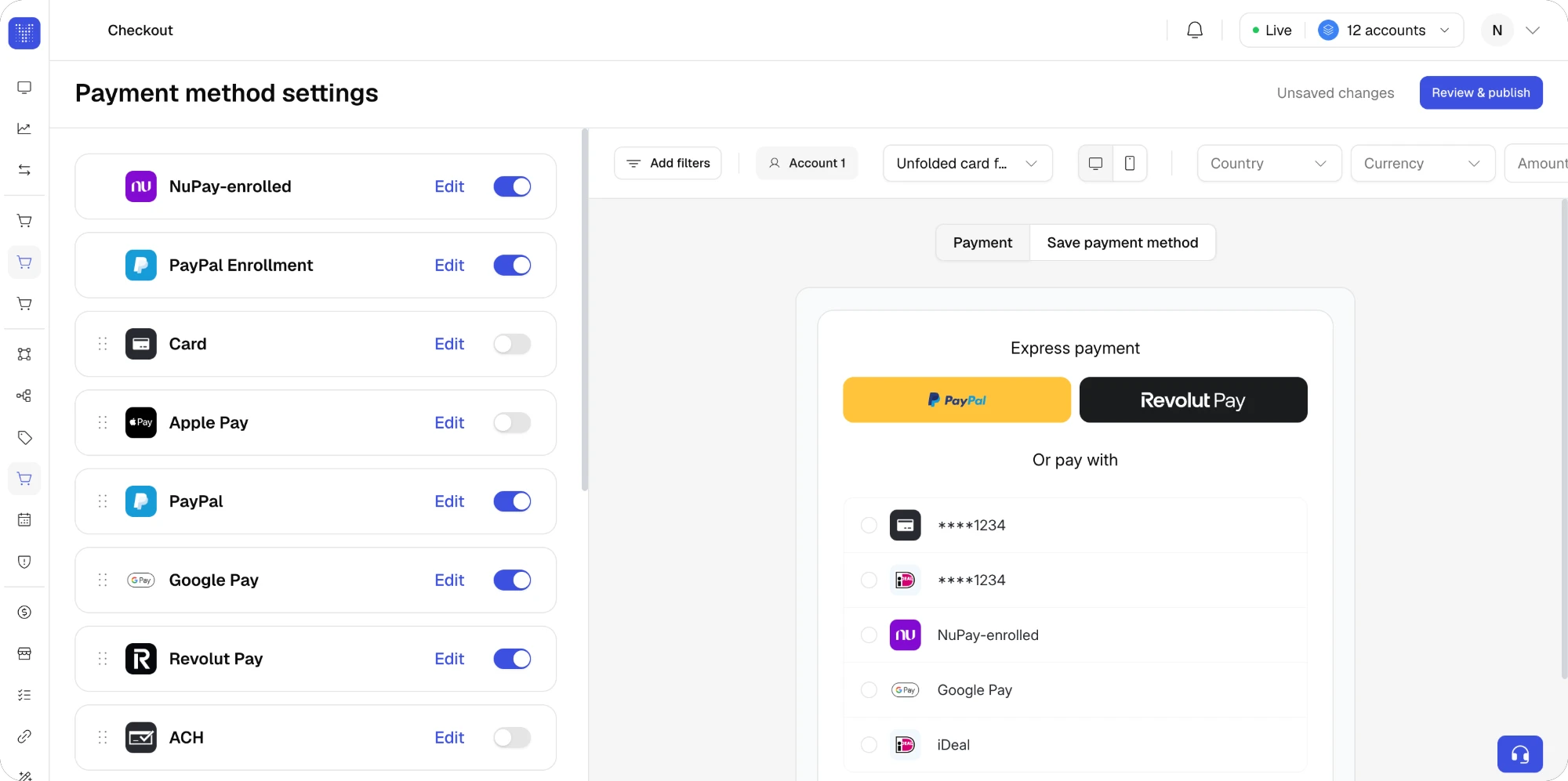 Payment method settings with one list of payment methods on the left, each row with a drag handle, an Edit button and a switch, the live preview on the right with the Payment and Save payment method switch, and Review & publish in the header