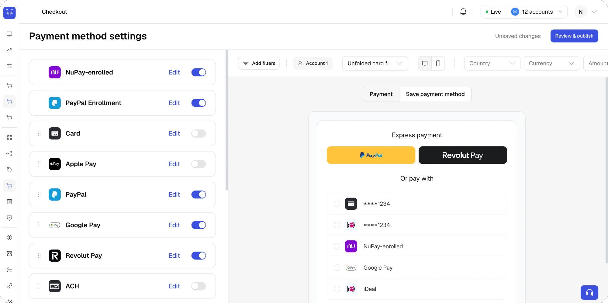 Payment method settings with one list of payment methods on the left, each row with a drag handle, an Edit button and a switch, the live preview on the right with the Payment and Save payment method switch, and Review & publish in the header
