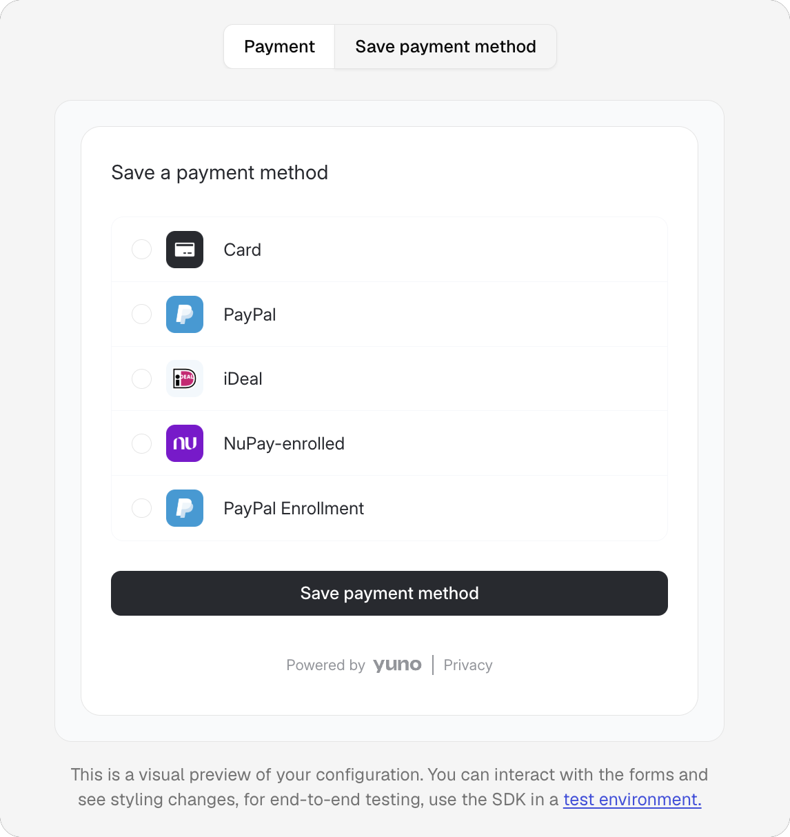 The live preview on Save payment method, showing the Save a payment method checkout with Card, PayPal, iDeal, NuPay and PayPal Enrollment and a Save payment method button