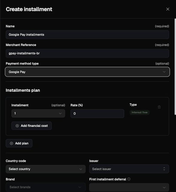 Create installment with Payment method type set to Google Pay