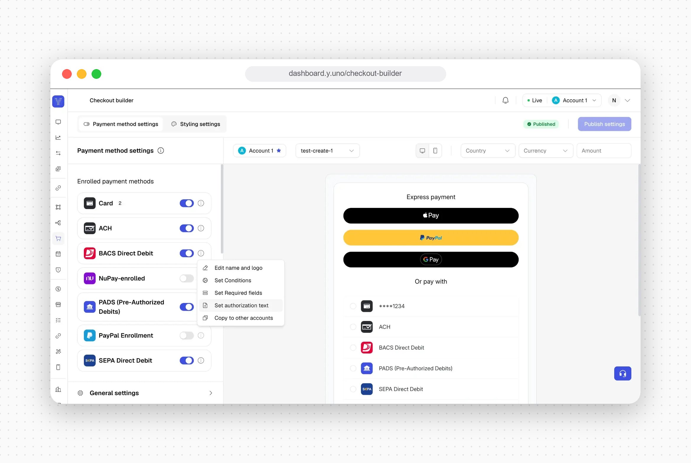 Payment method settings three-dots menu open on BACS Direct Debit, showing Edit name and logo, Set Conditions, Set Required fields, Set authorization text, and Copy to other accounts options