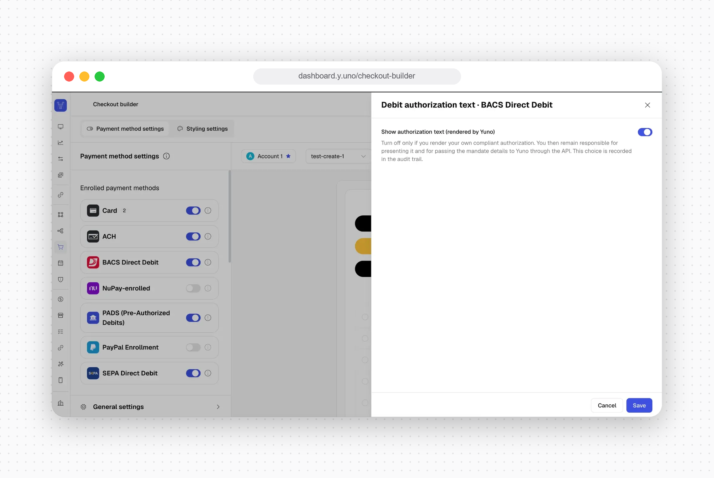 Debit authorization text drawer for BACS Direct Debit, showing the Show authorization text (rendered by Yuno) toggle turned on