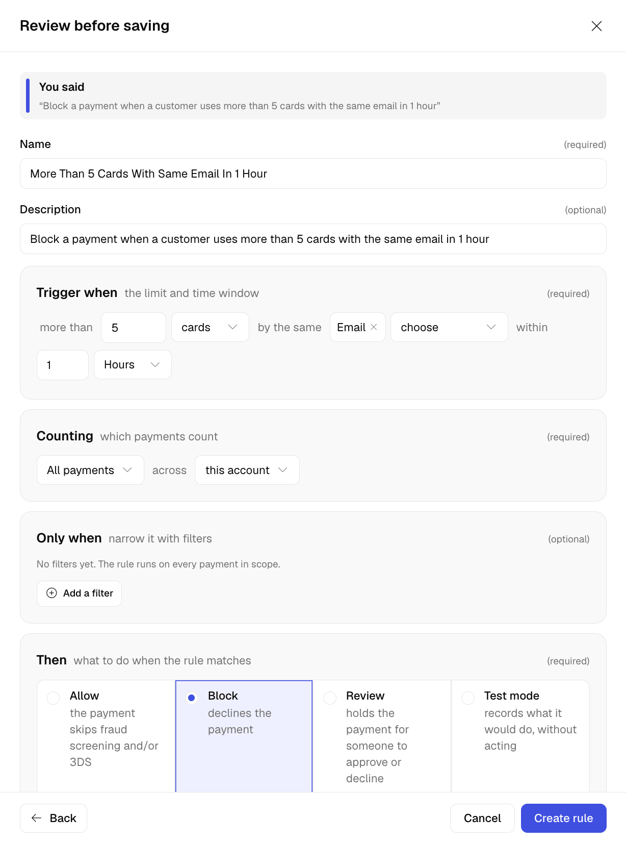 Rule builder on the Review before saving step, showing the plain-English description, the Trigger when, Counting, Only when and Then parts, and Block selected as the outcome
