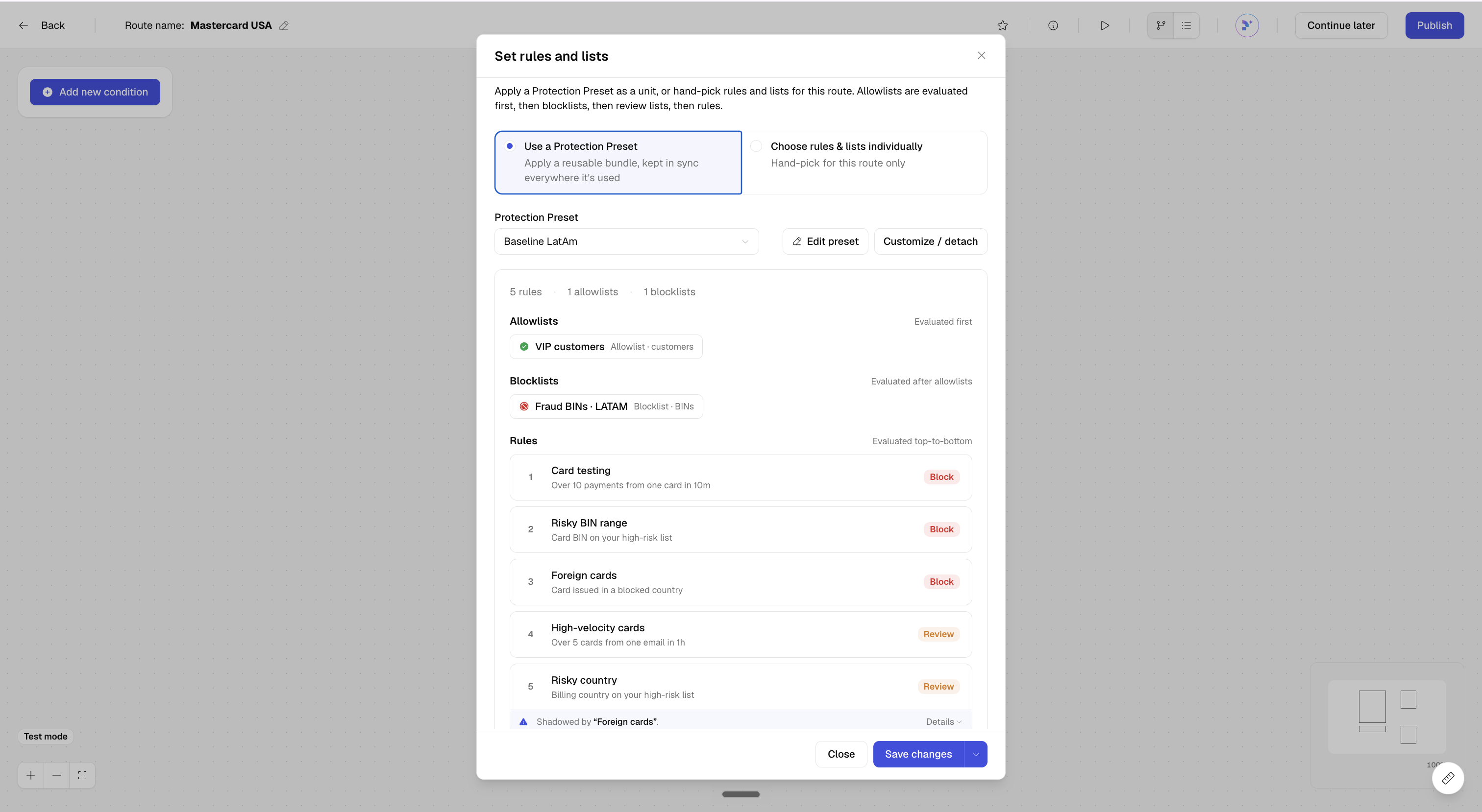 Set rules and lists step in Routing with Use a Protection Preset selected, showing the preset's allowlist, blocklist and rules in evaluation order
