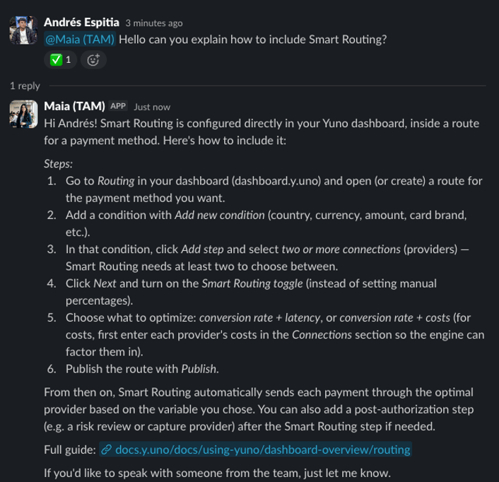 Slack thread with @Maia (TAM) tagged and replying with steps to configure Smart Routing