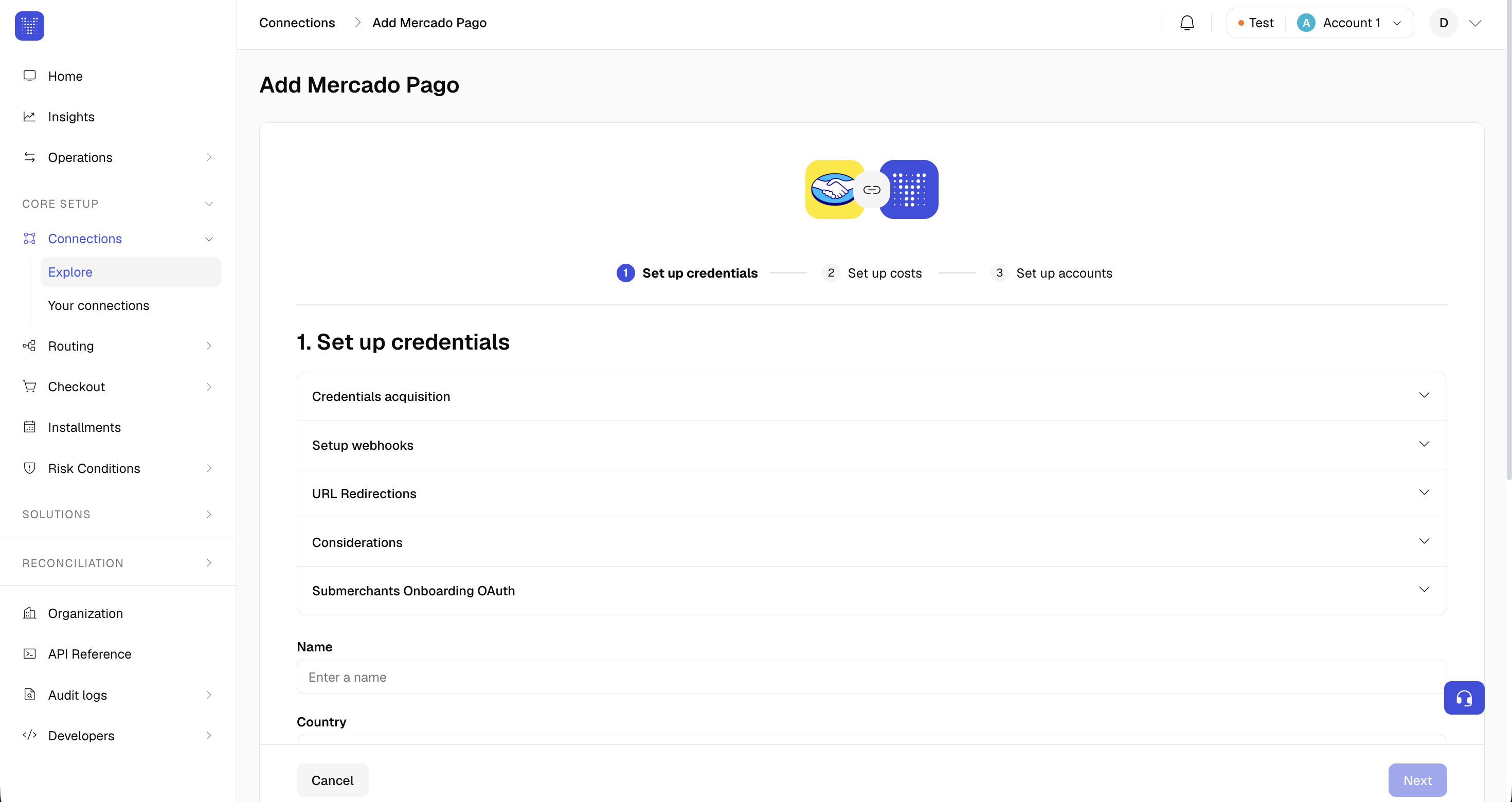 Add Mercado Pago connection screen showing step 1 of 3, Set up credentials, with expandable sections for credentials acquisition, webhooks, URL redirections, considerations, and submerchants onboarding, followed by the Name and Country fields