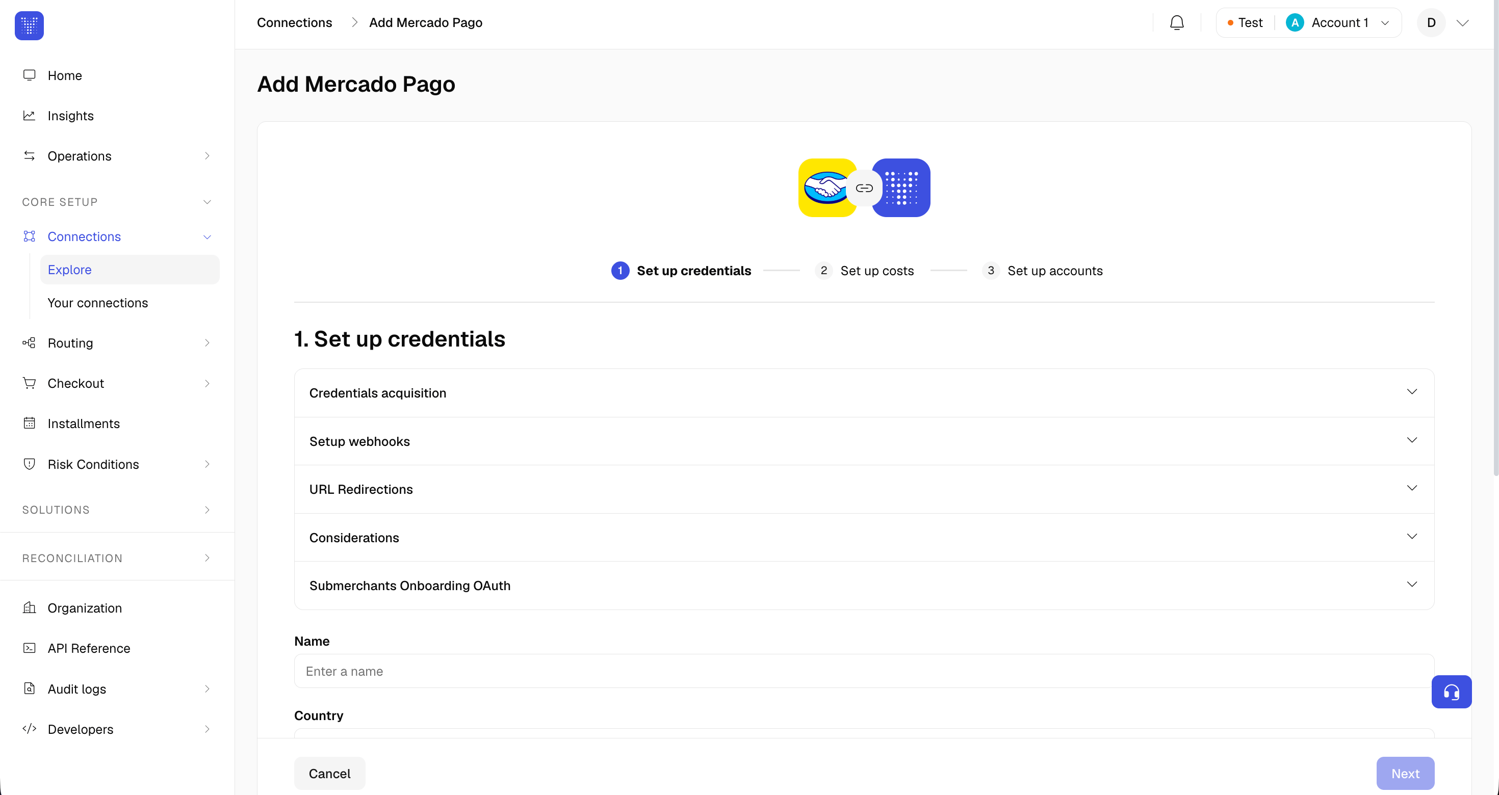 Add Mercado Pago connection screen showing step 1 of 3, Set up credentials, with expandable sections for credentials acquisition, webhooks, URL redirections, considerations, and submerchants onboarding, followed by the Name and Country fields
