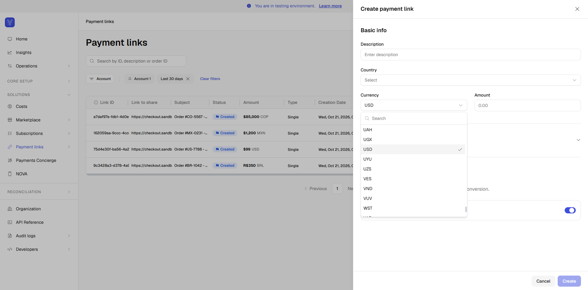 Create payment link panel in the Yuno dashboard showing the Basic info step with Description, Country, Currency, and Amount fields, and the currency dropdown open