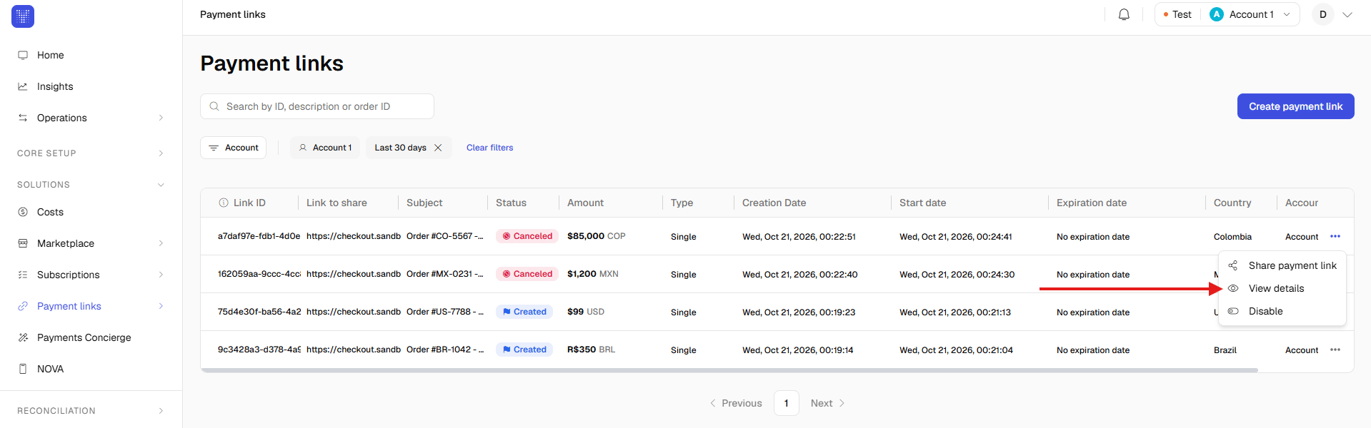 Payment links list in the Yuno dashboard with the options menu open, showing Share payment link, View details, and Disable
