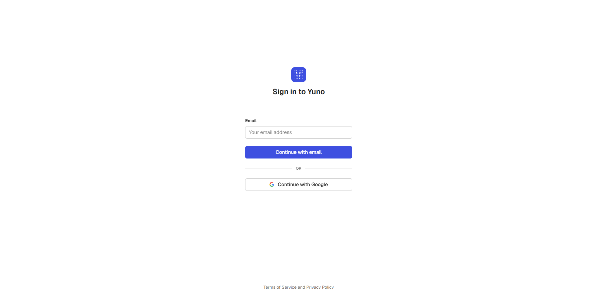 Yuno dashboard log in page
