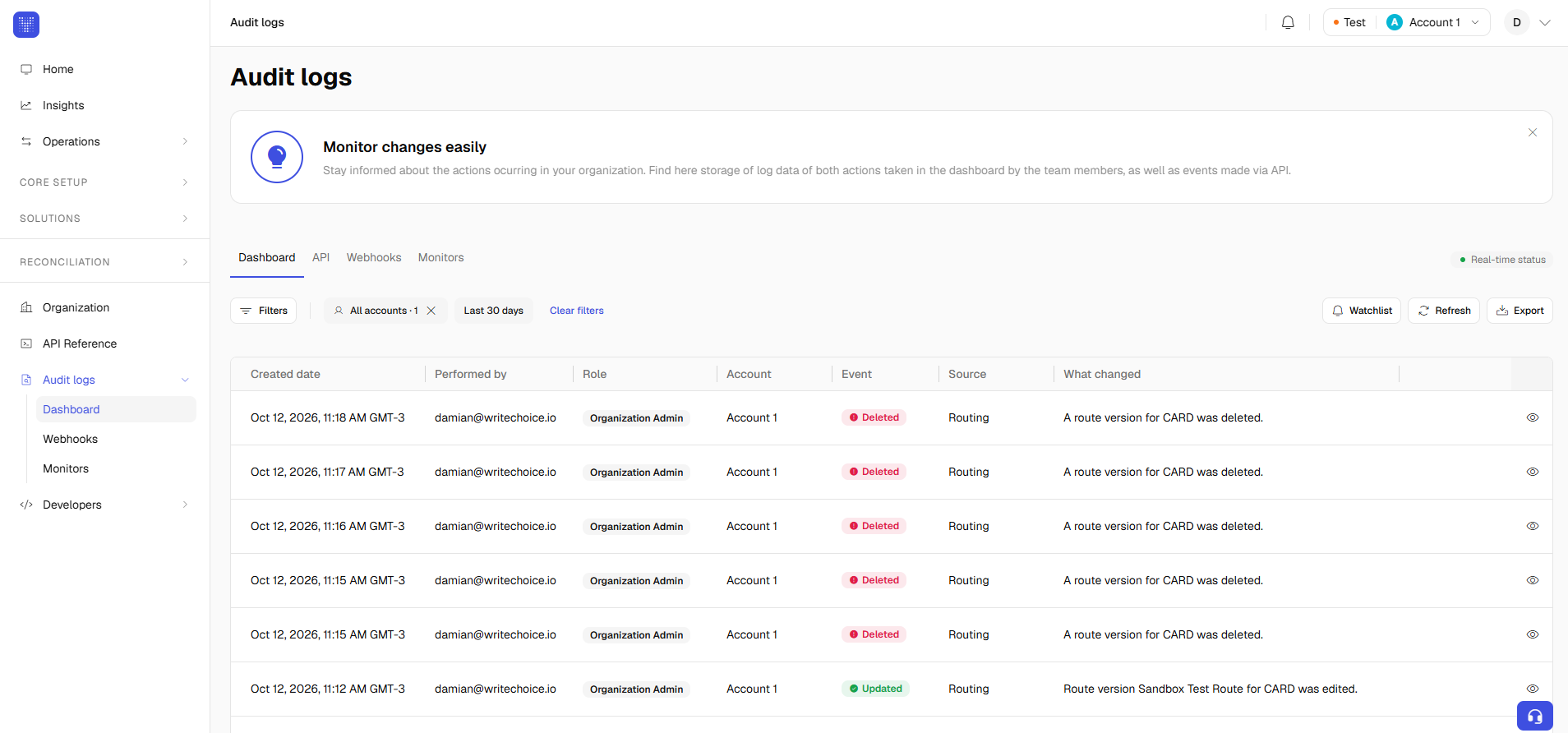 Audit logs Dashboard tab in the Yuno dashboard showing a list of Routing events with columns for created date, performed by, role, account, event, source, and what changed