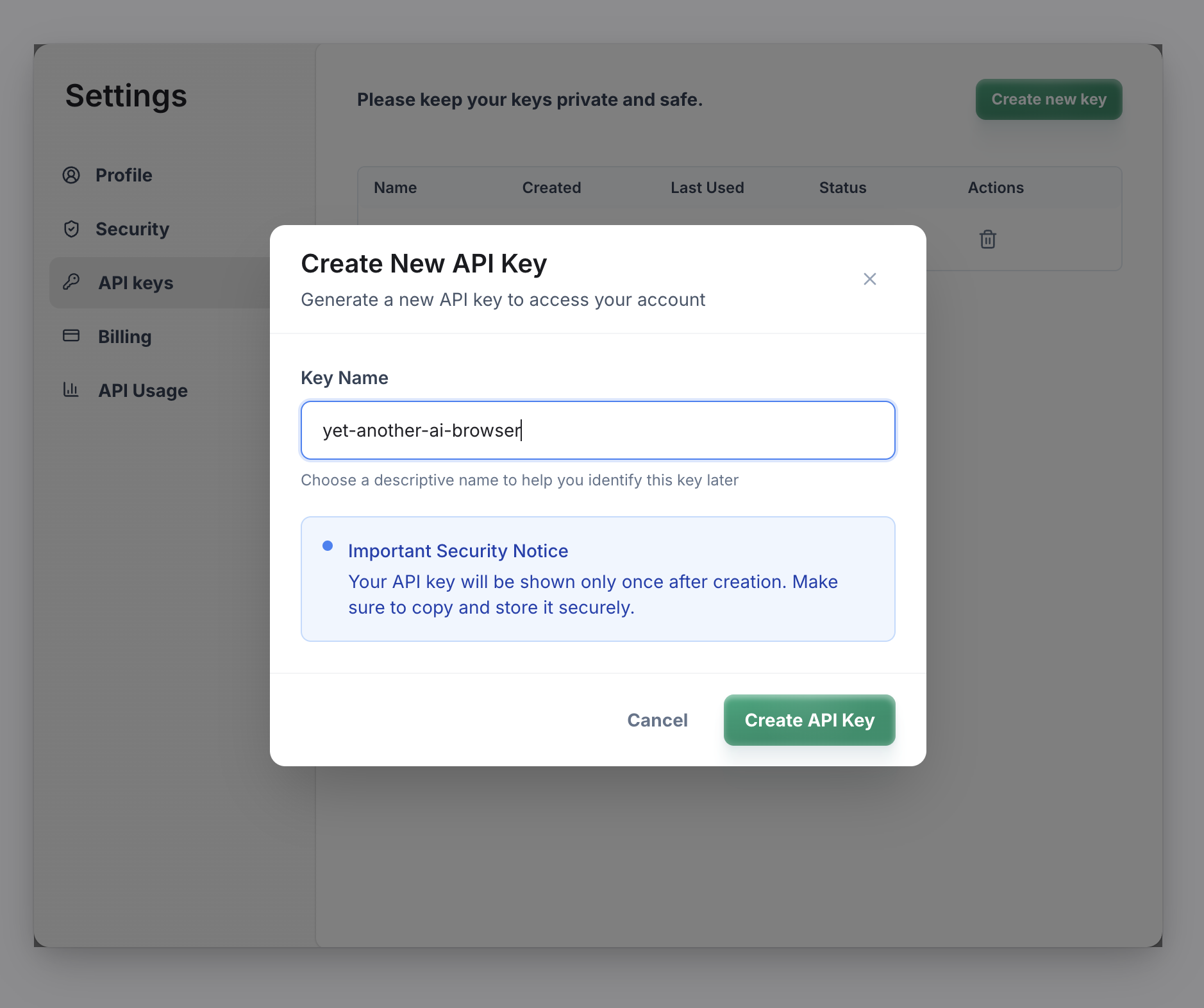 Generate an API key from Settings