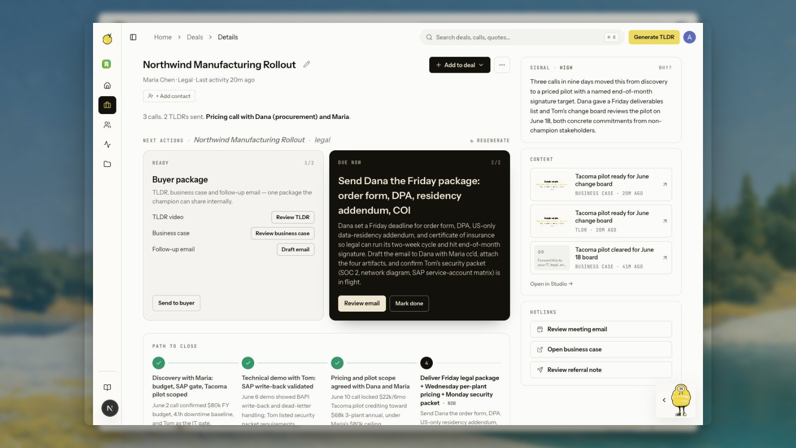Deal page showing one grouped buyer package card with TLDR video, business case, and follow-up email rows