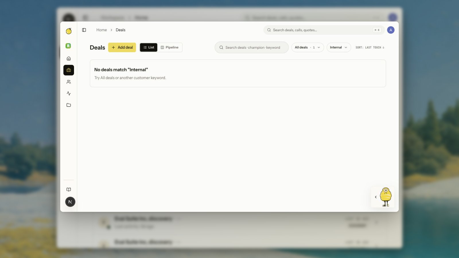 Deals list with List and Pipeline switch, type filter, and an Internal empty state