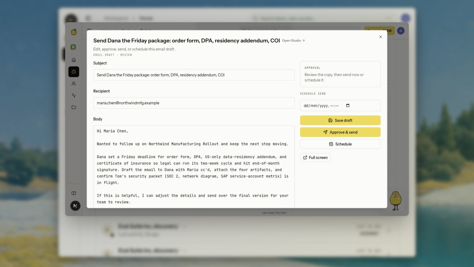 Deal page email review modal with editable recipients, subject, body, and scheduling controls