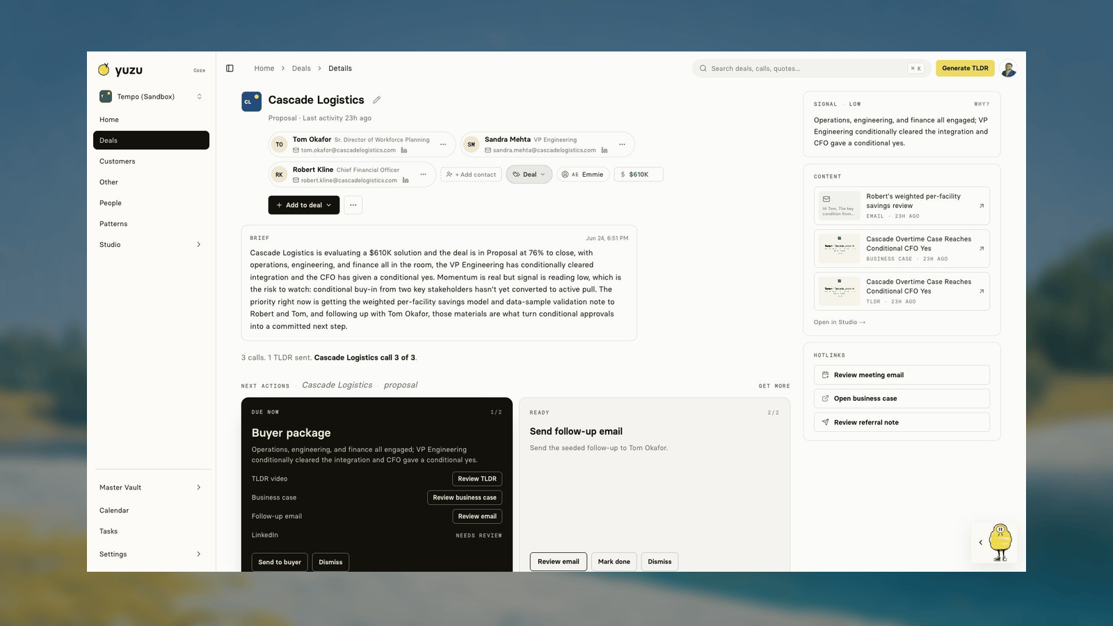 Tempo Sandbox deal page showing a generated brief, buyer package, next action, signal, content, and hotlinks