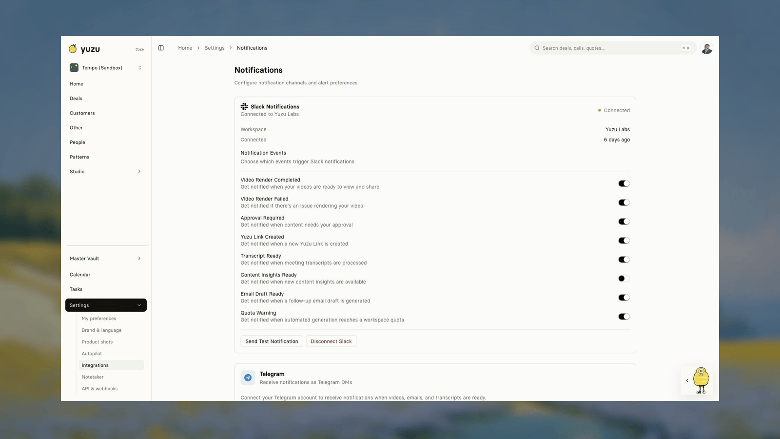 Yuzu notification settings showing Slack connected, notification event toggles, Telegram, and webhook notification options