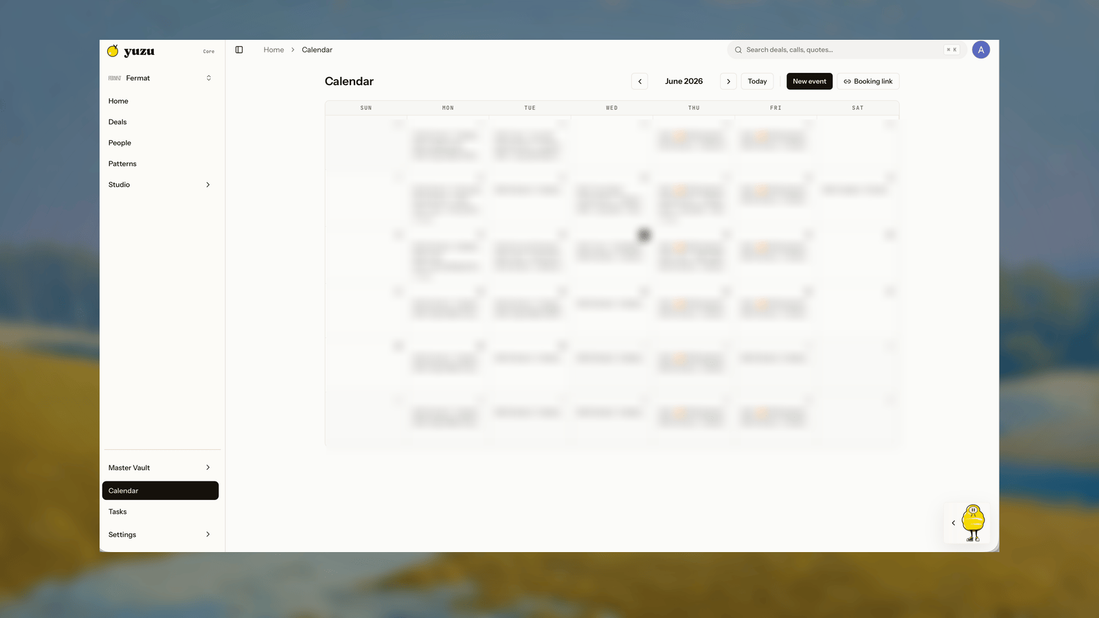 Yuzu Calendar month view with synced meetings and controls to create events or open a booking link