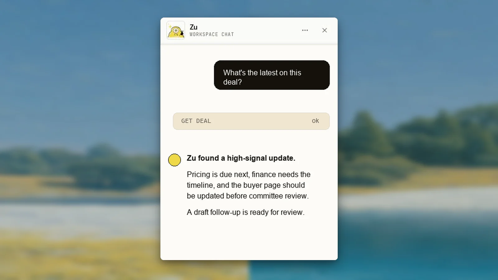 Zu workspace chat answering a deal question with a tool call