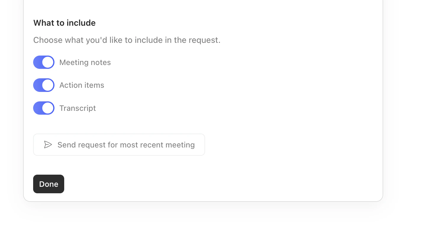 Circleback What to include section with Meeting notes, Action items, and Transcript toggled on.