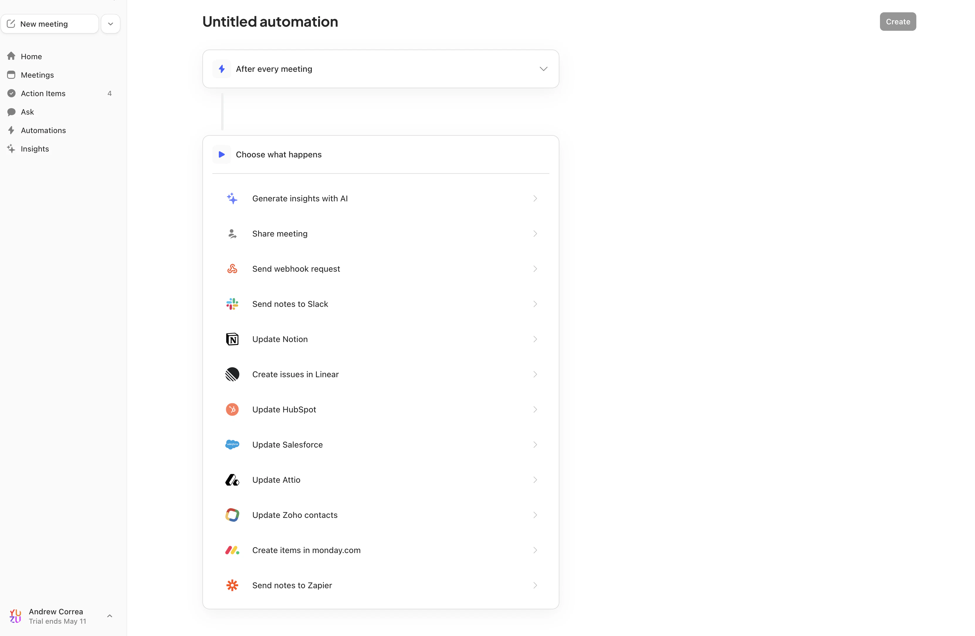 Circleback automation action list with Send webhook request available.