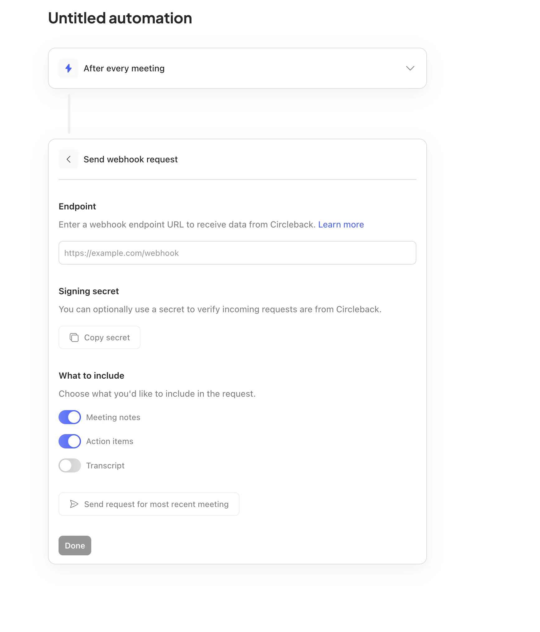 Circleback Send webhook request settings with an Endpoint field and Signing secret section.