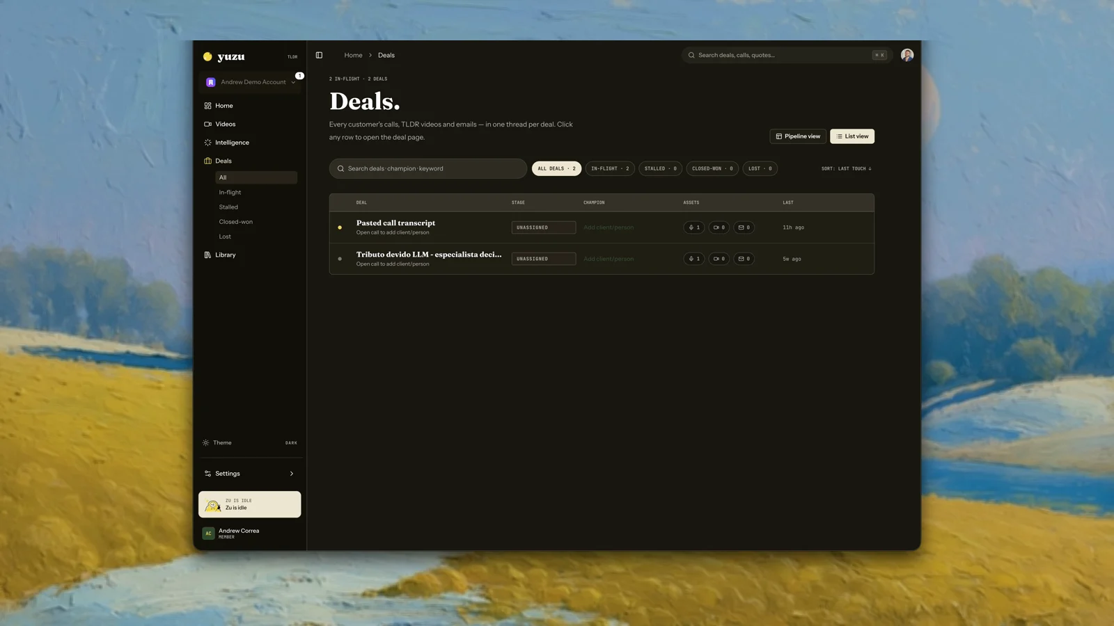 Deals list showing deal rows, stages, assets, and unassigned calls