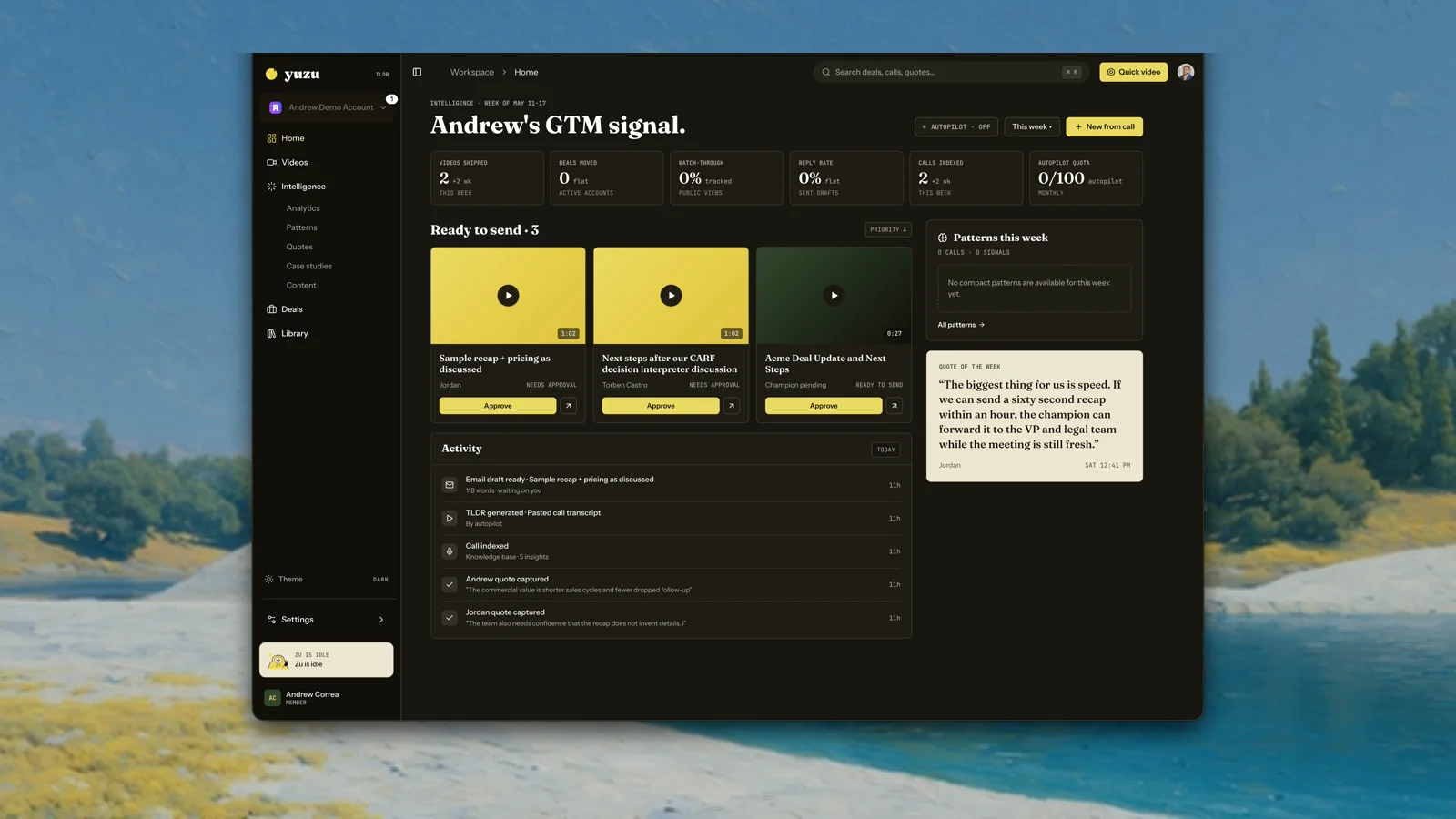 New Yuzu app workspace with home signal, ready-to-send cards, and quote of the week