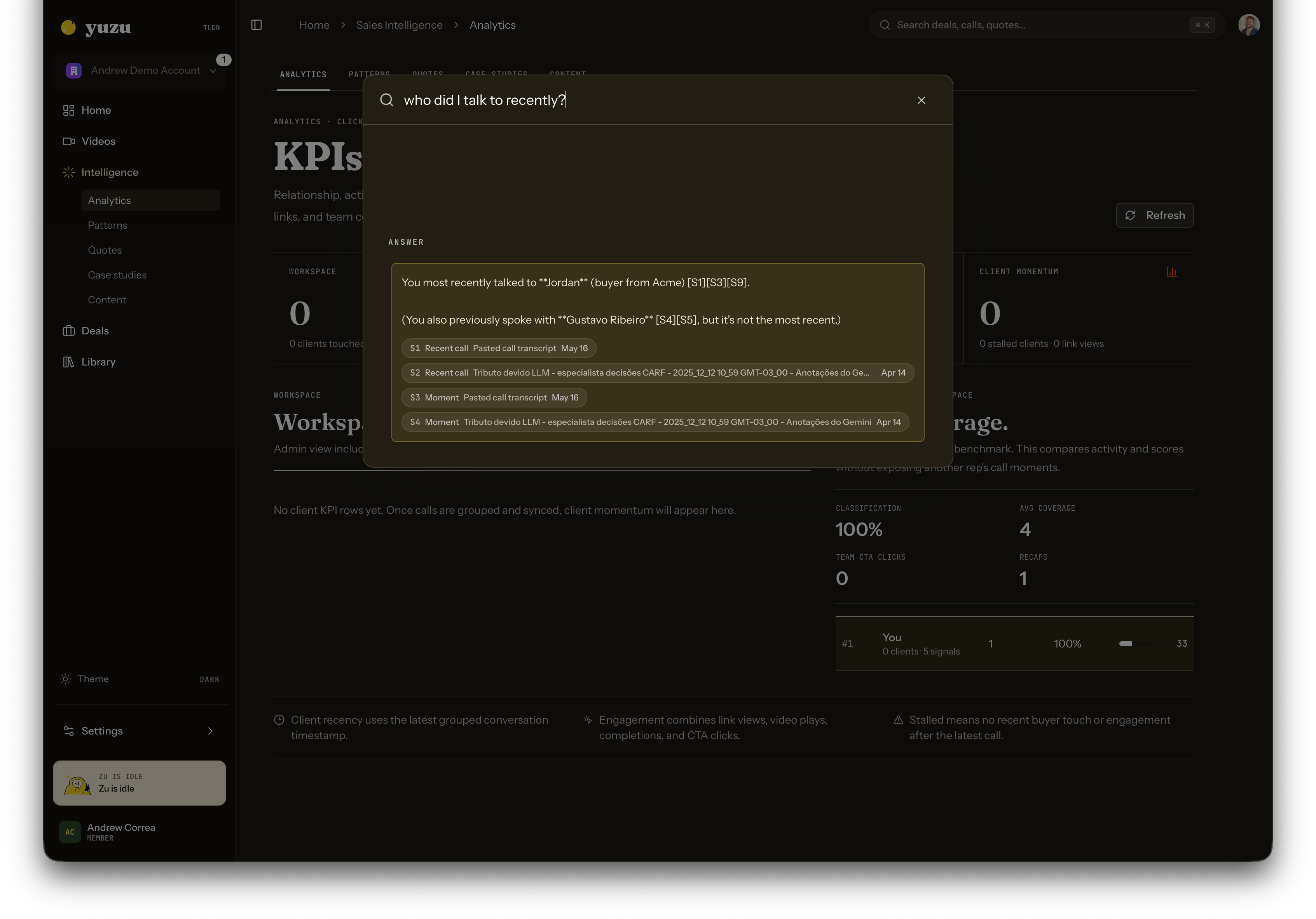 Yuzu command search answering who the user talked to recently with cited sources