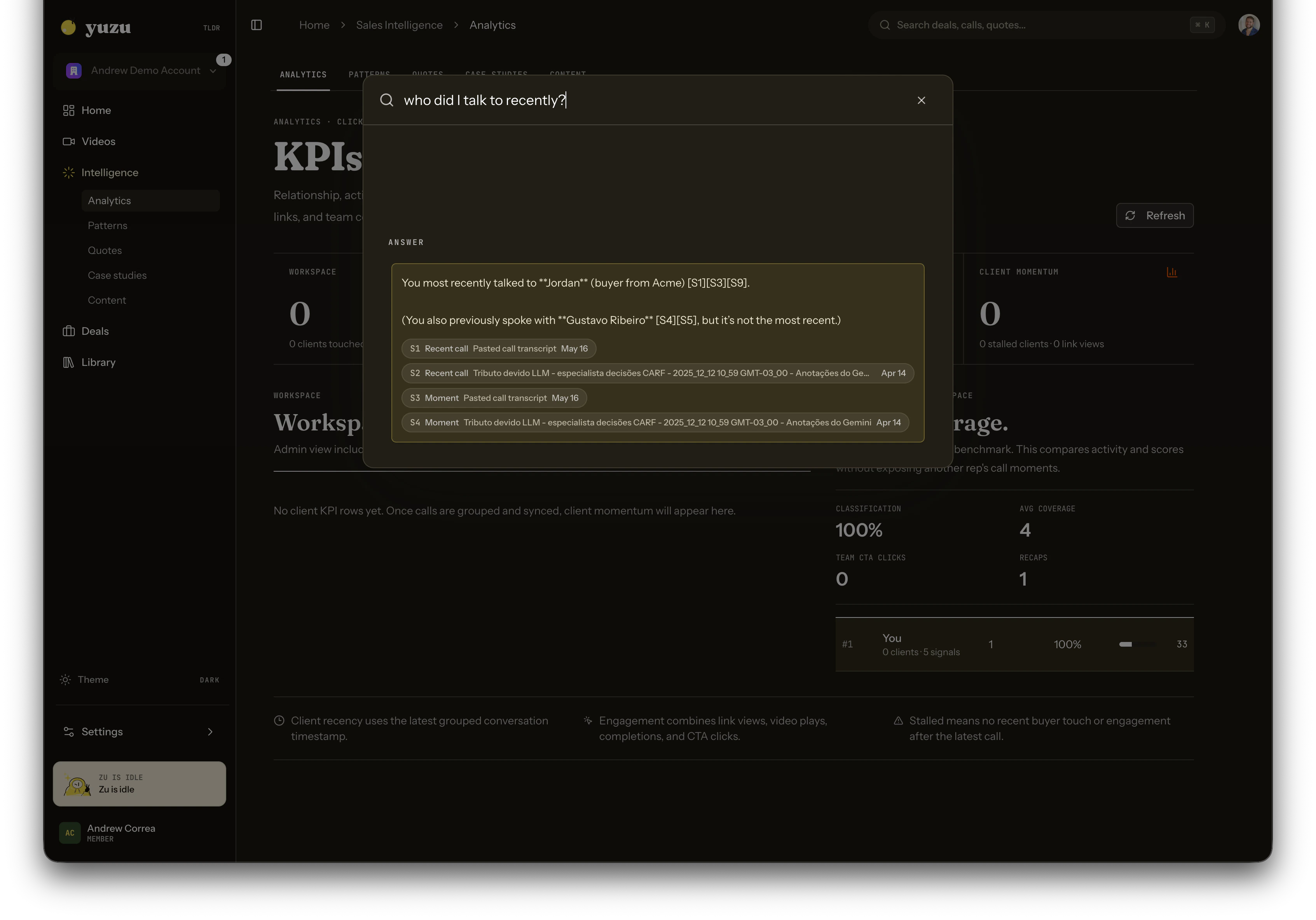 Yuzu command search answering who the user talked to recently with cited sources