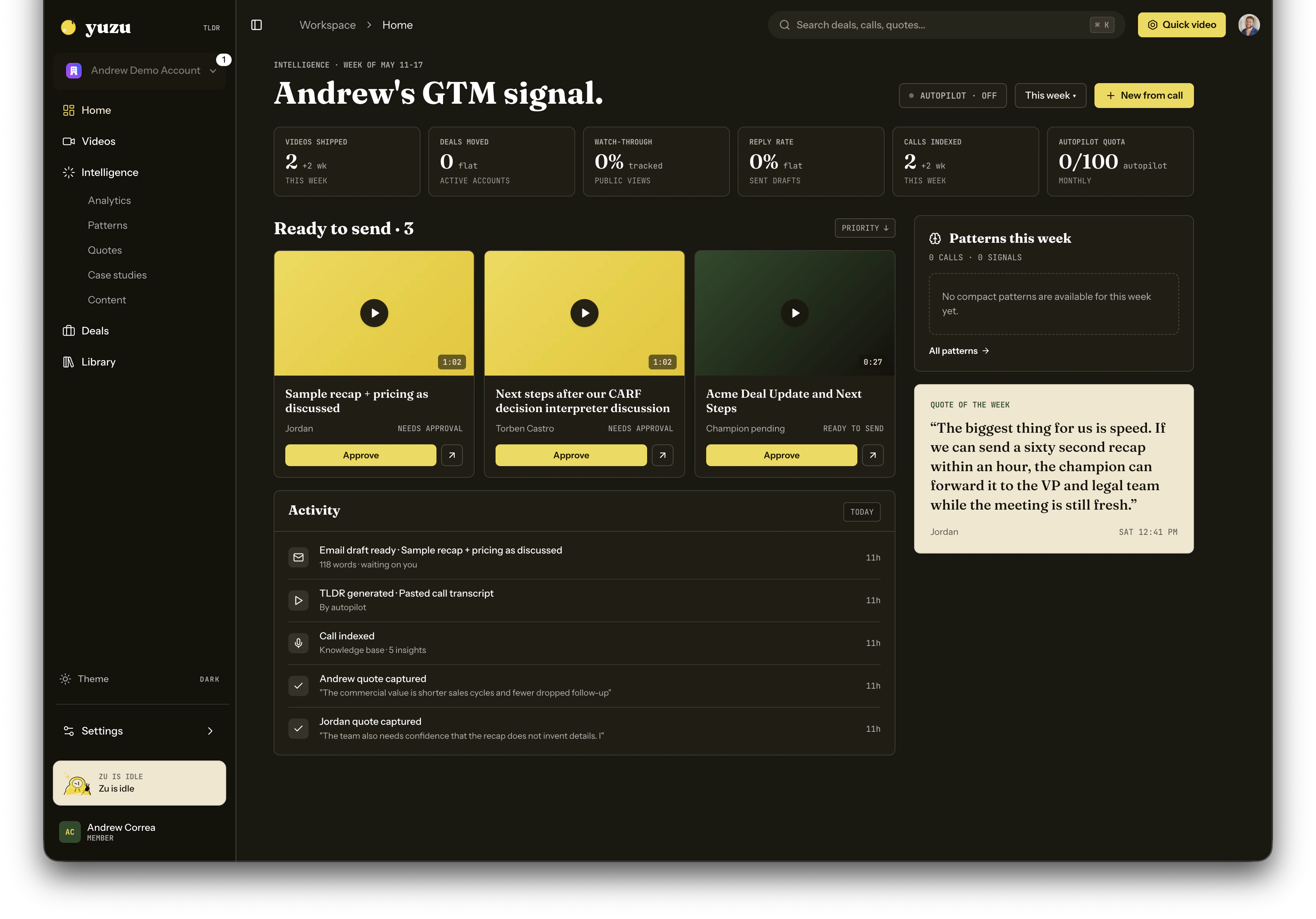 Yuzu Home showing GTM signal, ready-to-send videos, activity, and quote of the week