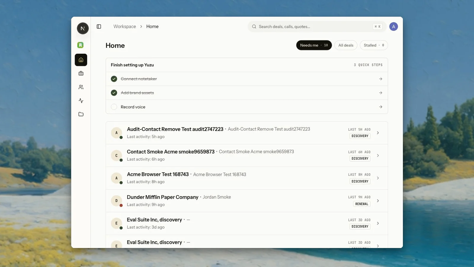 Yuzu home workspace with setup steps and deal signals
