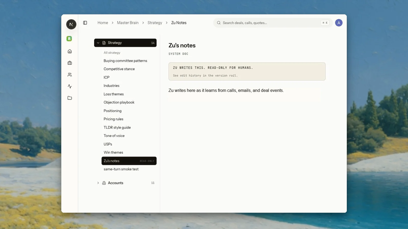 Yuzu Master Vault showing the read-only Zu notes document