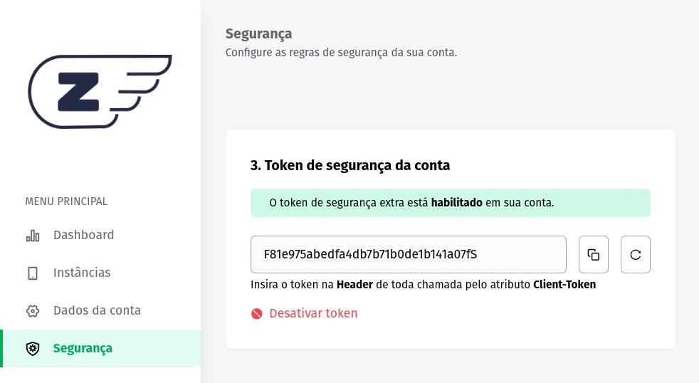 Token de segurança da conta