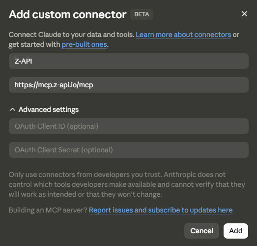 Claude's Add custom connector form filled in with the name Z-API and the URL https://mcp.z-api.io/mcp