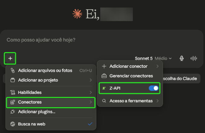 Menu de conectores do Claude no campo de mensagem com o toggle da Z-API ativado
