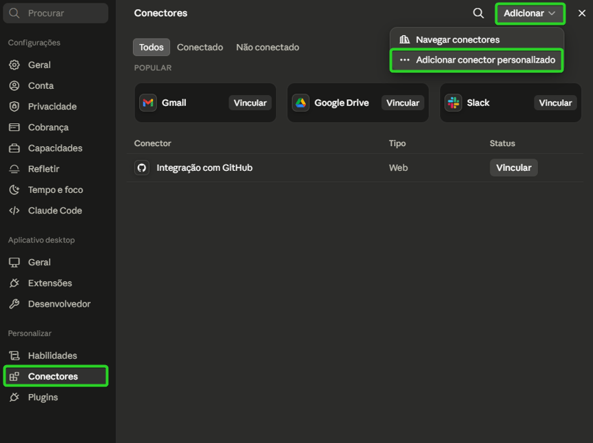 Tela de Conectores do Claude com o menu Adicionar aberto, mostrando as opções Navegar conectores e Adicionar conector personalizado