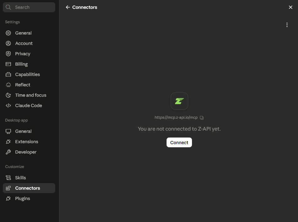 Z-API connector page in Claude showing the Connect button before connecting