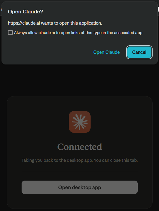 Connected confirmation screen, indicating that Claude will automatically open back up