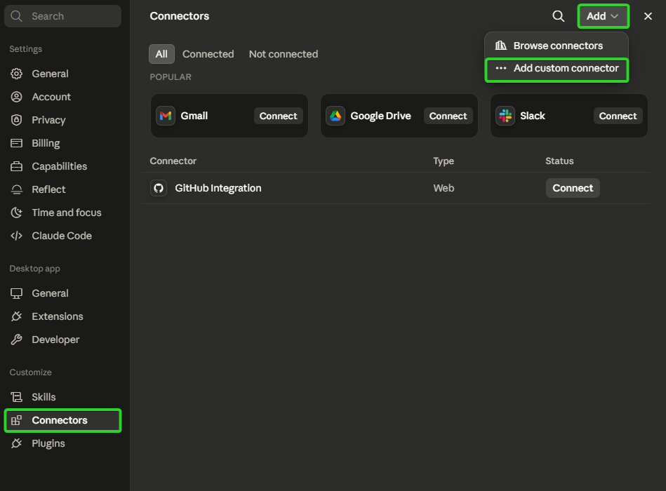 Claude's Connectors screen with the Add menu open, showing the options Browse connectors and Add custom connector