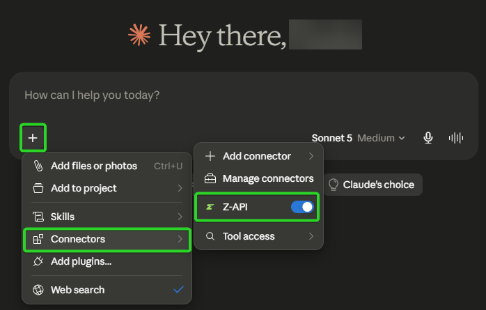 Claude's connectors menu in the message field with the Z-API toggle turned on