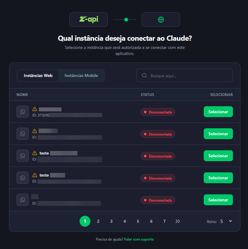 Tela Qual instância deseja conectar ao Claude, com uma lista de instâncias Z-API e o botão Selecionar em cada linha