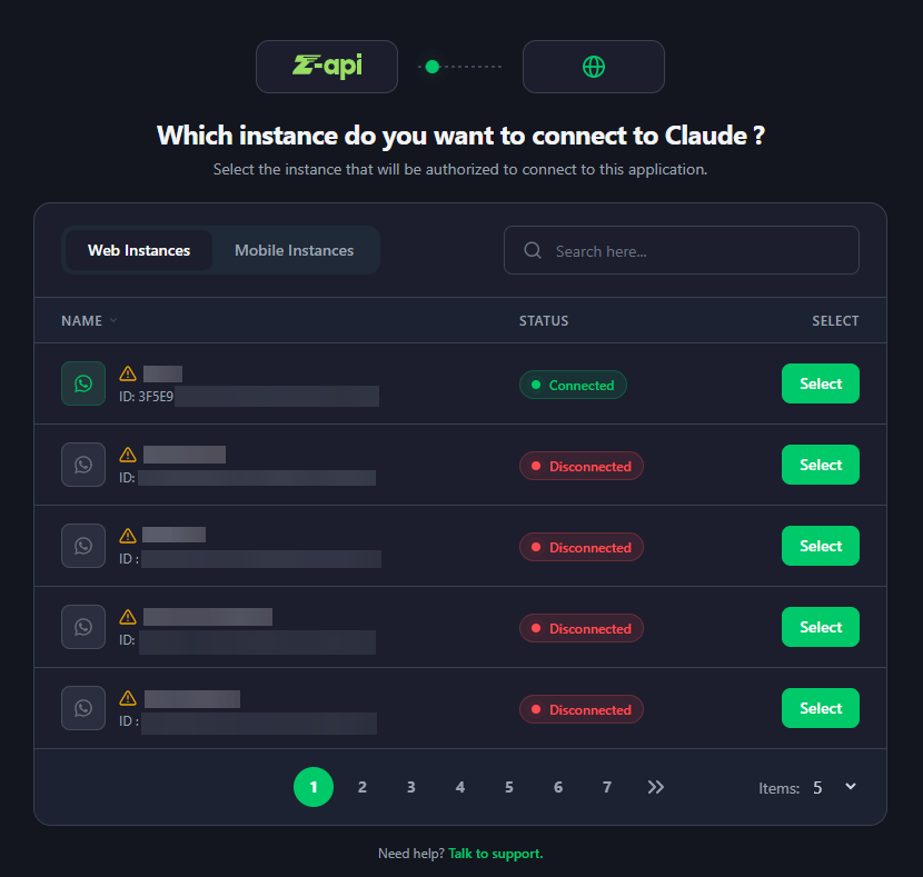 Which instance would you like to connect to Claude screen, with a list of Z-API instances and a Select button on each row
