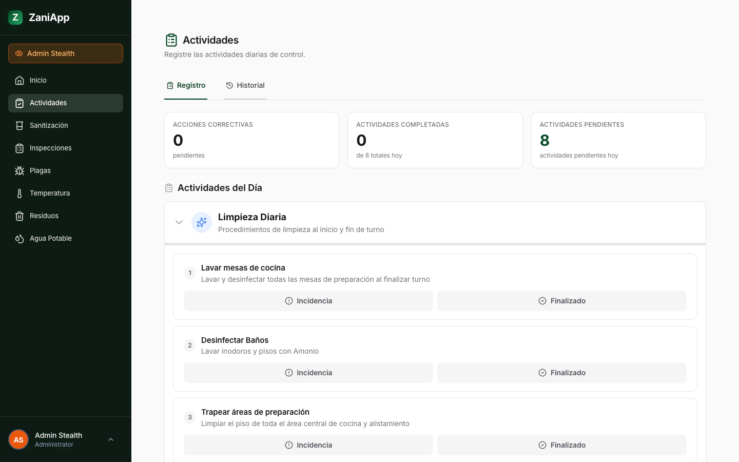 Sección de acciones correctivas