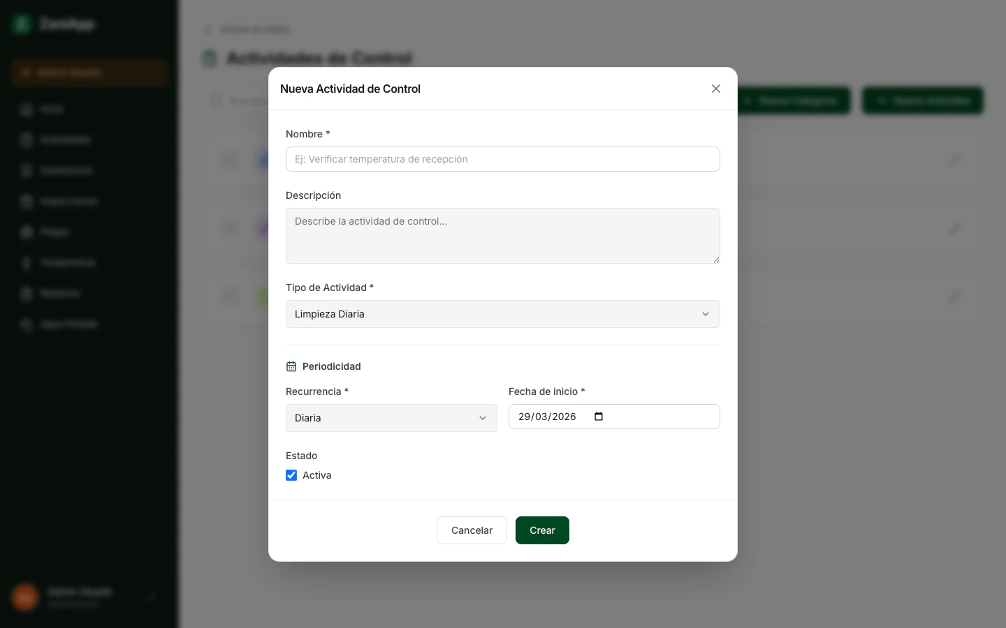Formulario para crear una actividad de control