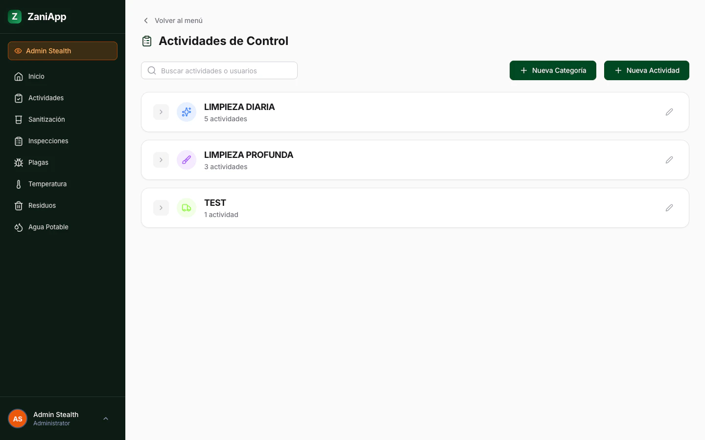 Configuración de actividades de control