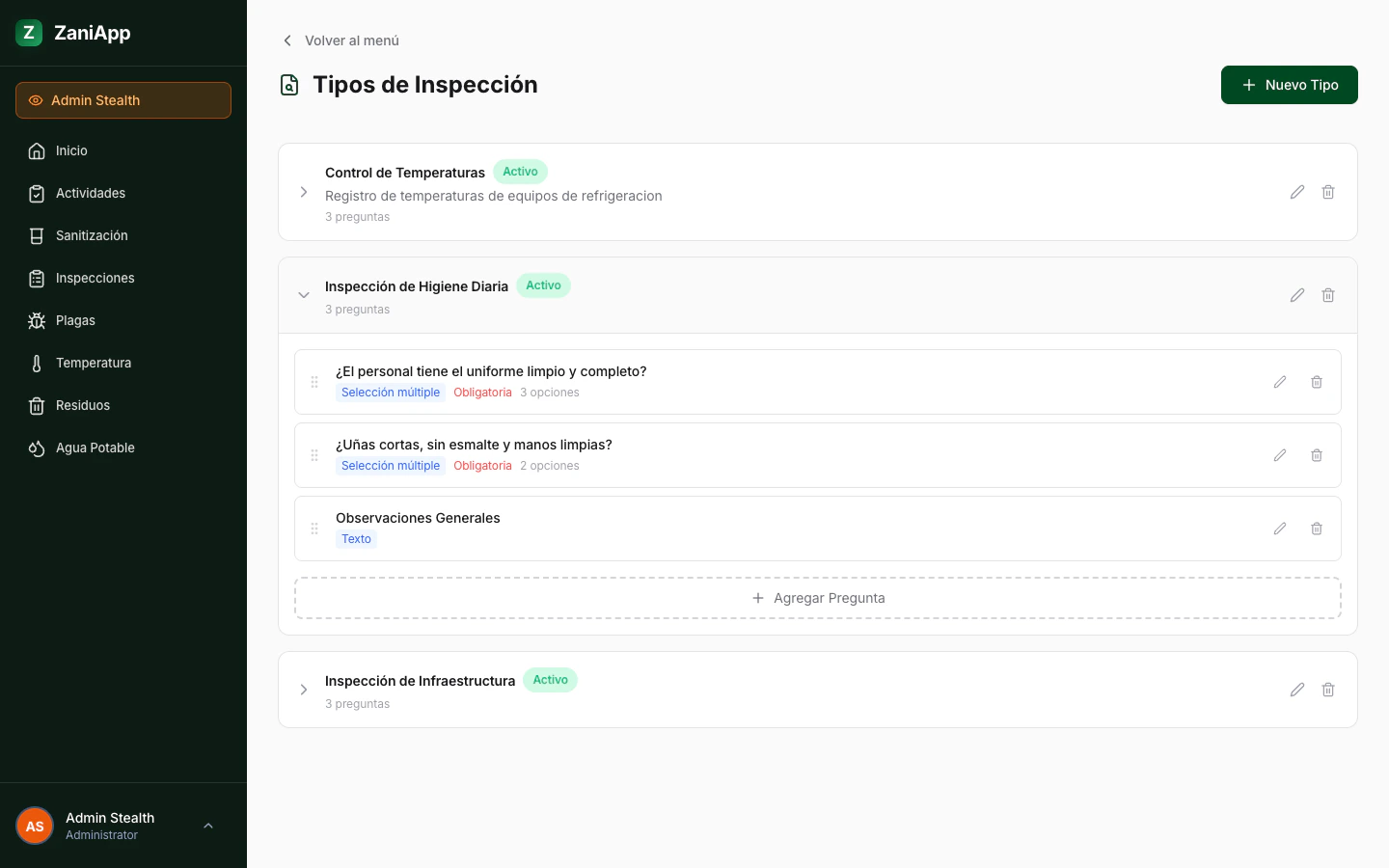 Detalle de un tipo de inspección con sus preguntas