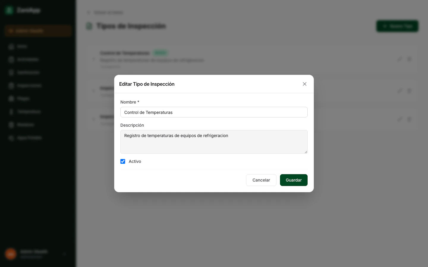 Formulario para crear un tipo de inspección