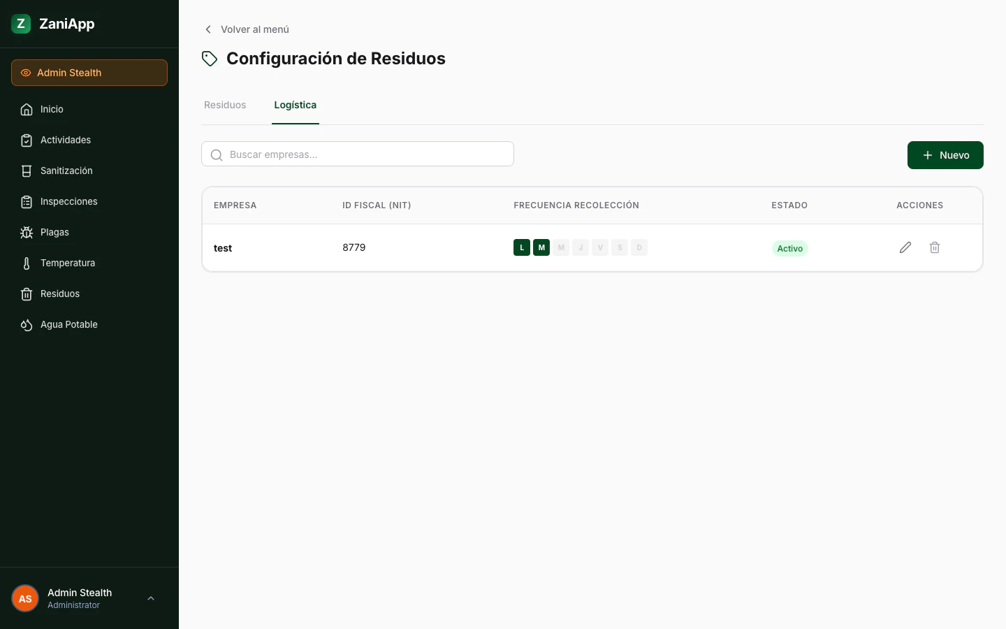 Pestaña de logística y empresas recolectoras