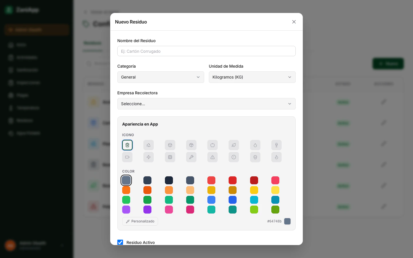 Formulario para crear un tipo de residuo